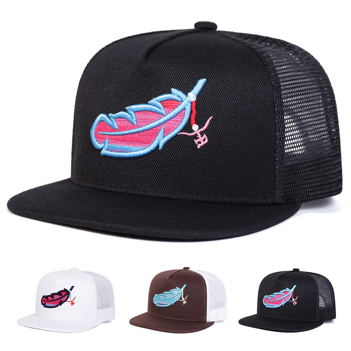 Streetwear Brand Hats - Unisex สีสัน Feather เย็บปักถักร้อย Hip-Hop หมวกสุทธิฤดูใบไม้ผลิฤดูร้อนกลางแจ้งปรับ