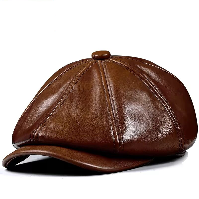 Streetwear Brand Hats - ฤดูใบไม้ผลิใหม่ของแท้หนังหมวกหมวก Cowhide Beret ผ้าฝ้ายผู้ชาย Padding ยี่ห้อสีน้ําตาล/สีดําหมวกเป็ด