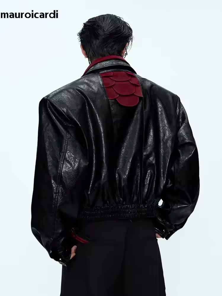 Streetwear Brand For Men - มาโรอิการ์ดี แจ็คเก็ตหนัง PU ลายงูแบบสั้นสำหรับฤดูใบไม้ผลิและฤดูใบไม้ร่วง แบรนด์หรูสำหรับผู้ชาย เสื้อผ้าสตรีทแวร์สไตล์